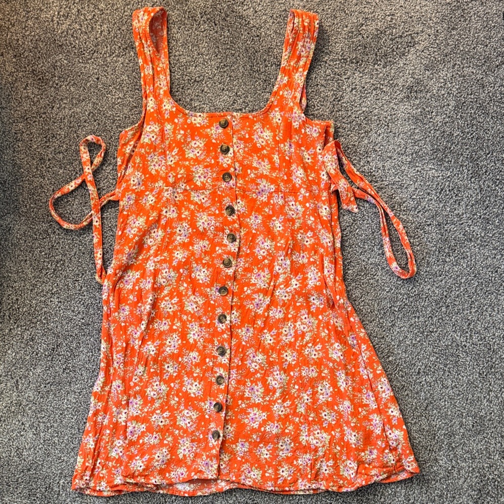 American Eagle Floral Button-Front Orange Tank Dress - feminine cottagecore